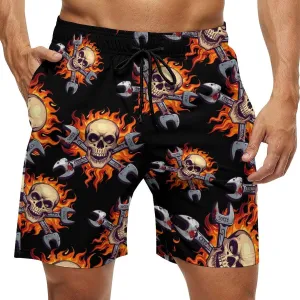 Skull Wrench Flames Mechanic Men's Swim Trunks Quick Dry Board Shorts Breathable Summer Beach Shorts Bathing Suits