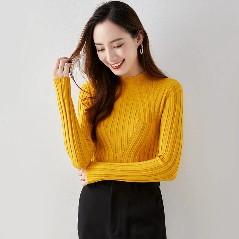 Slimming Half-Height Collar Women Tops Korean Long Sleeved Sweater