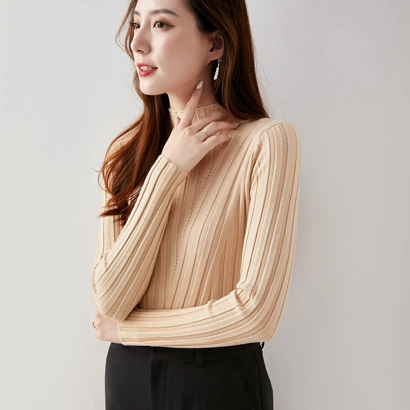 Slimming Half-Height Collar Women Tops Korean Long Sleeved Sweater