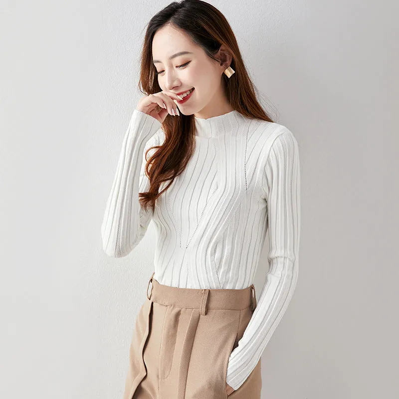 Slimming Half-Height Collar Women Tops Korean Long Sleeved Sweater