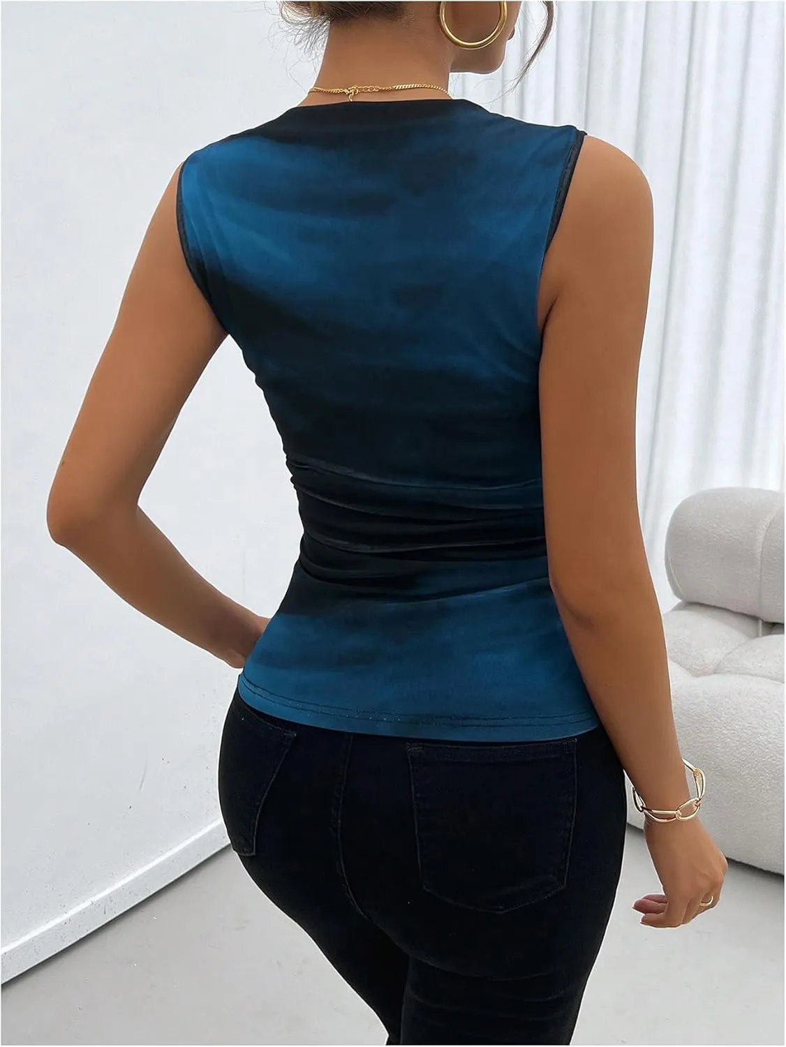 SOLY HUX Women's Tie Dye Sleeveless Top Boat Neck Slim Fit Vest Elegant Work Tank Tops