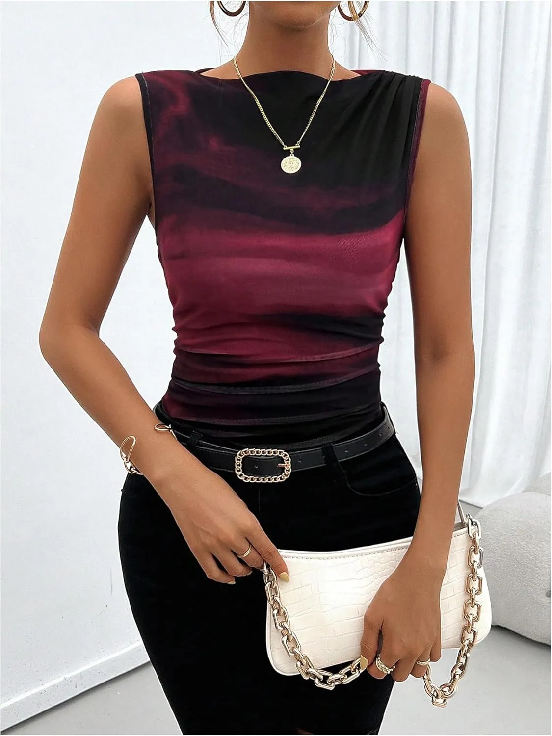 SOLY HUX Women's Tie Dye Sleeveless Top Boat Neck Slim Fit Vest Elegant Work Tank Tops