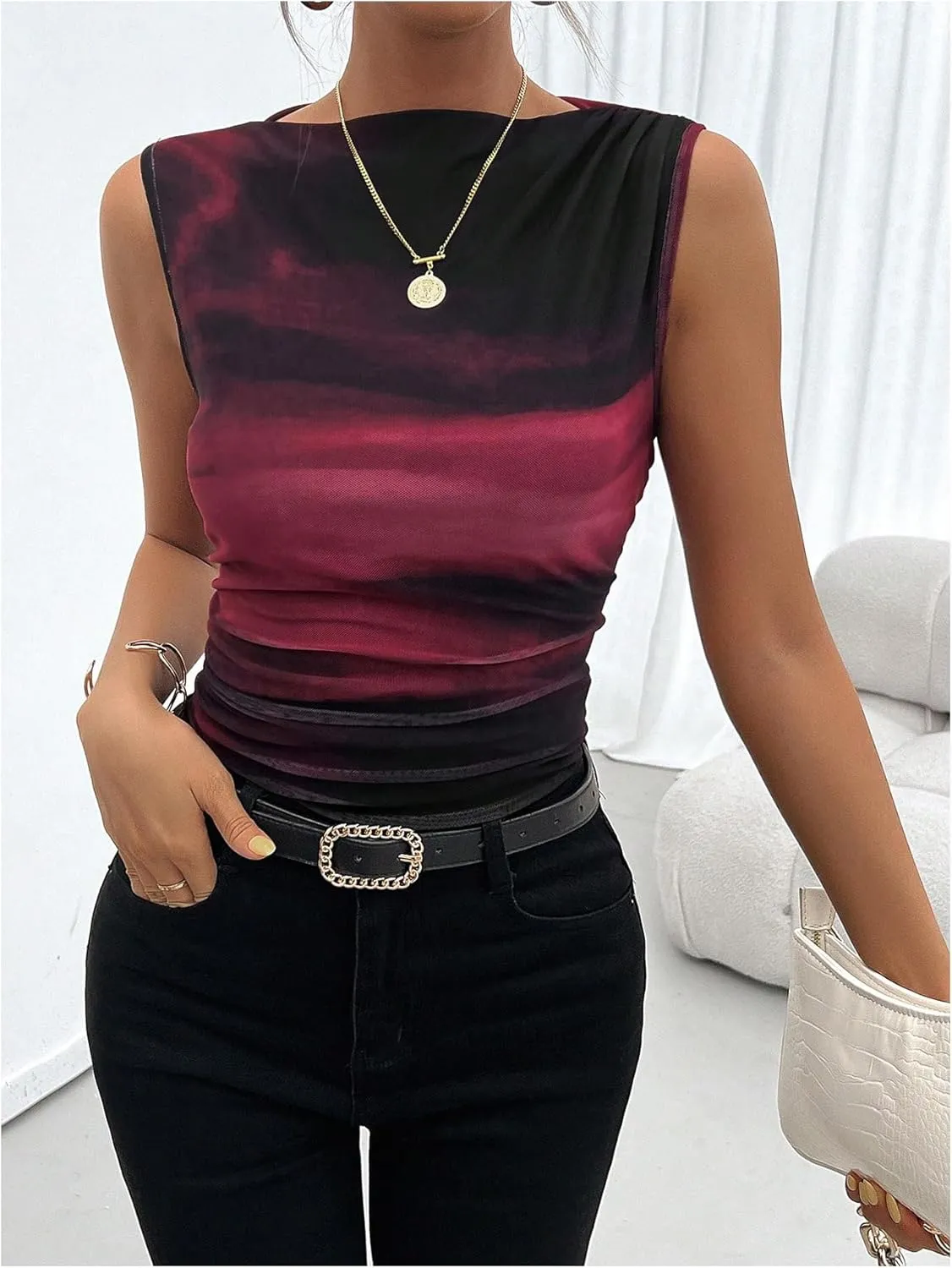 SOLY HUX Women's Tie Dye Sleeveless Top Boat Neck Slim Fit Vest Elegant Work Tank Tops