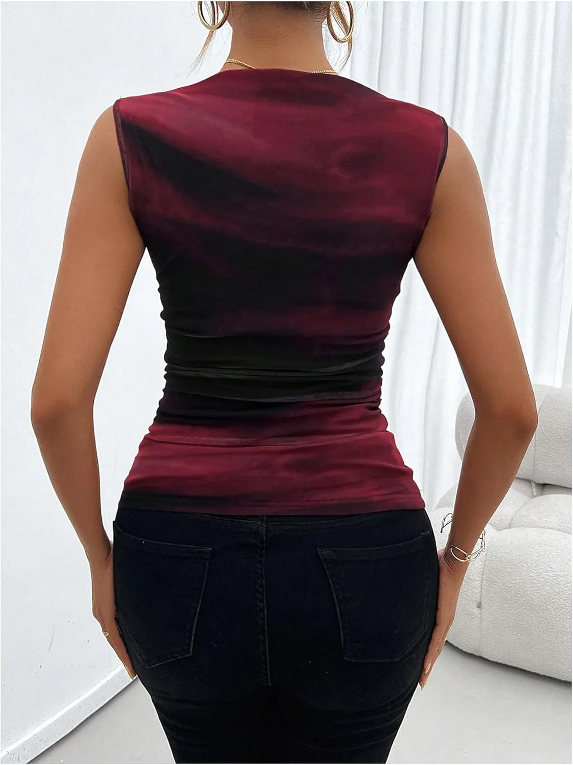 SOLY HUX Women's Tie Dye Sleeveless Top Boat Neck Slim Fit Vest Elegant Work Tank Tops