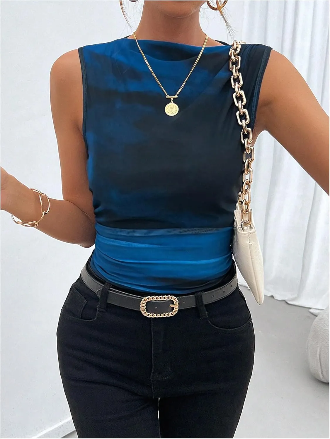 SOLY HUX Women's Tie Dye Sleeveless Top Boat Neck Slim Fit Vest Elegant Work Tank Tops