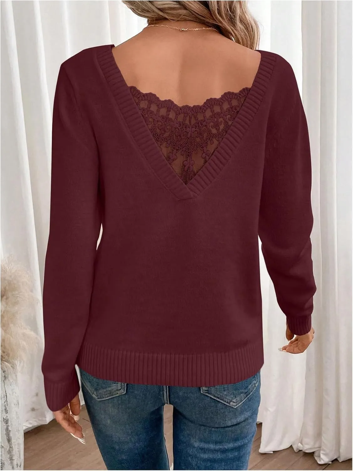 SOLY HUX Women's V Neck Sweaters Lace Back Pullover Sweater Long Sleeve Knit Tops