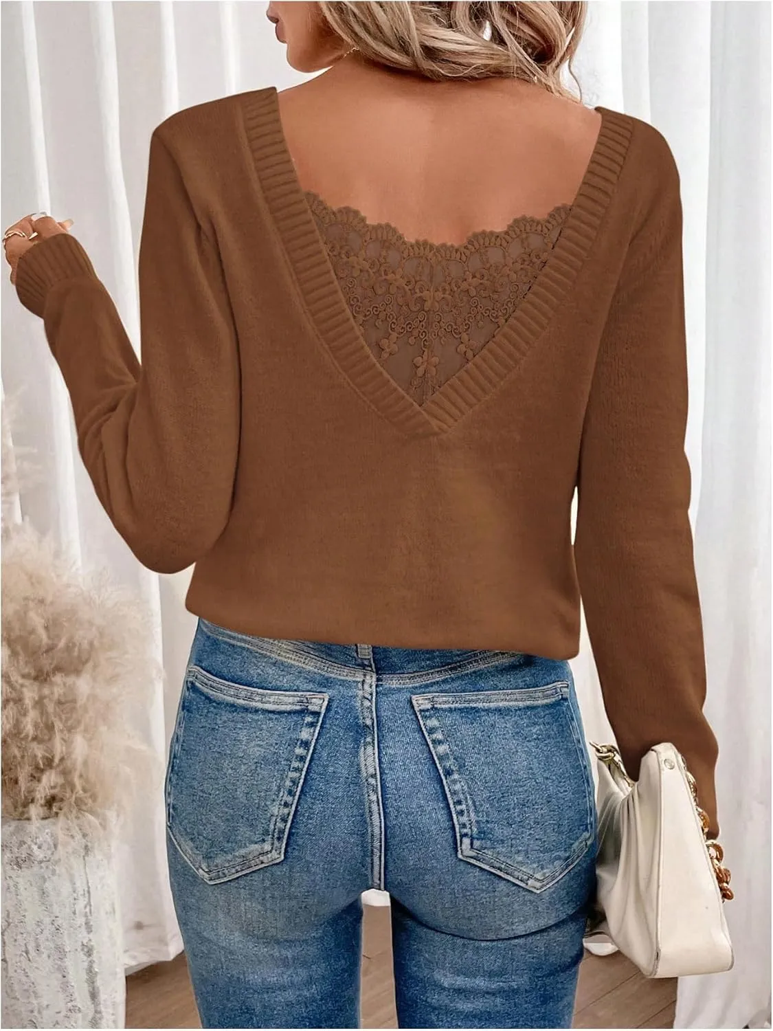 SOLY HUX Women's V Neck Sweaters Lace Back Pullover Sweater Long Sleeve Knit Tops