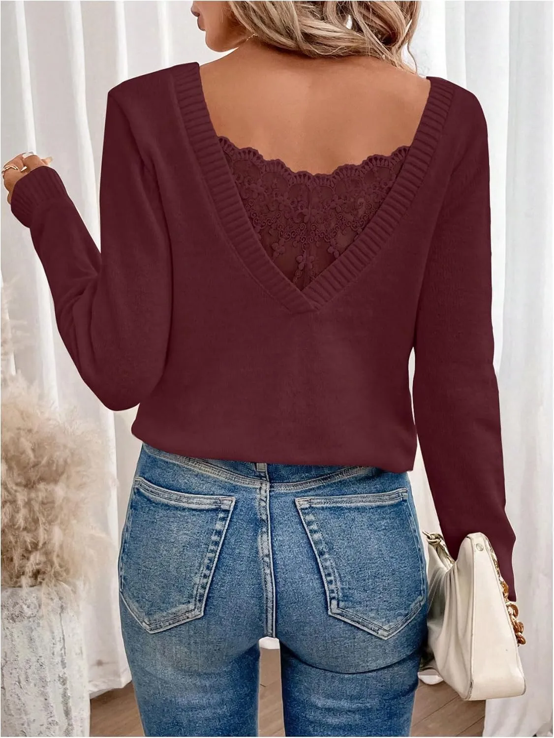 SOLY HUX Women's V Neck Sweaters Lace Back Pullover Sweater Long Sleeve Knit Tops