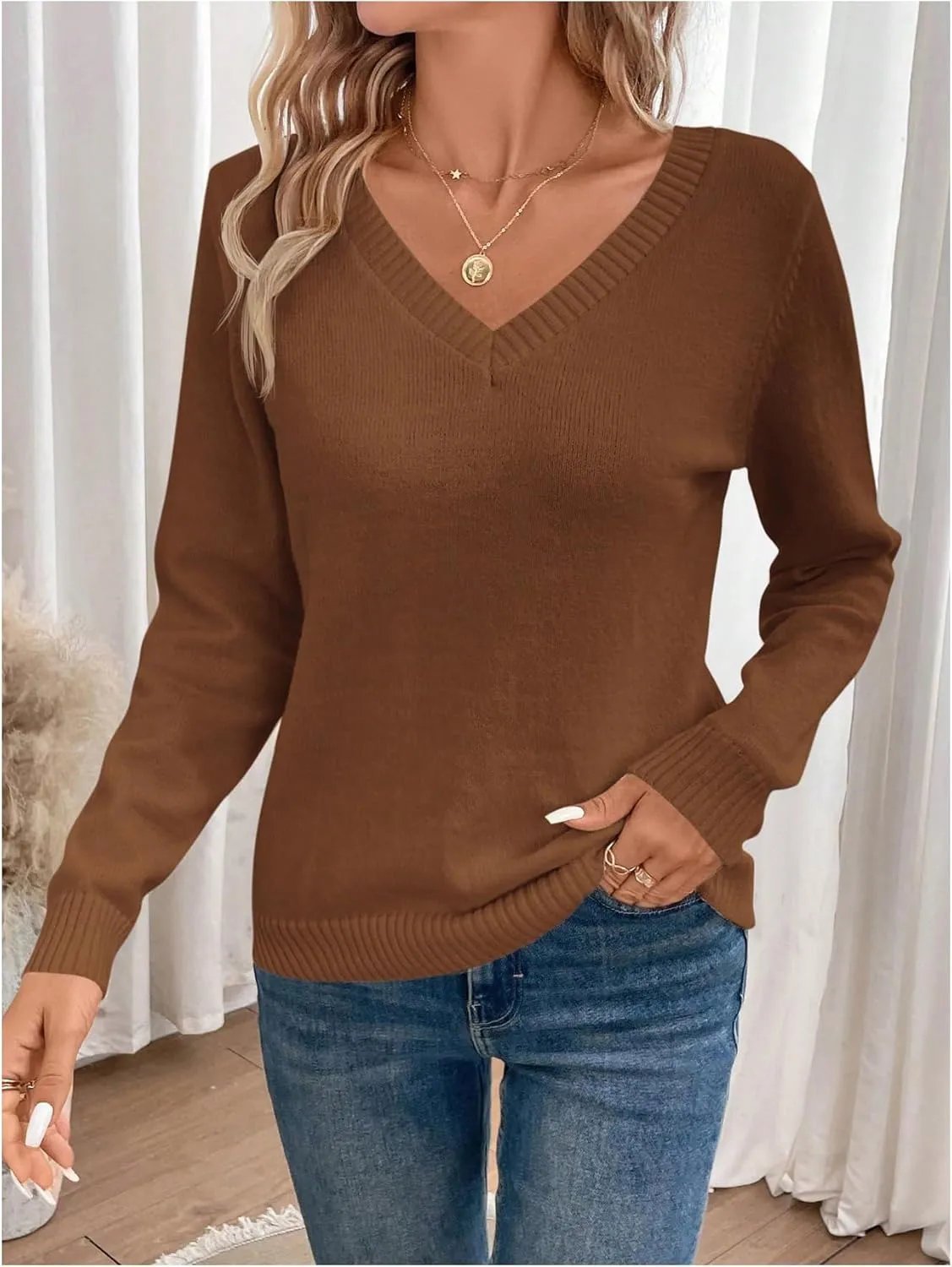 SOLY HUX Women's V Neck Sweaters Lace Back Pullover Sweater Long Sleeve Knit Tops