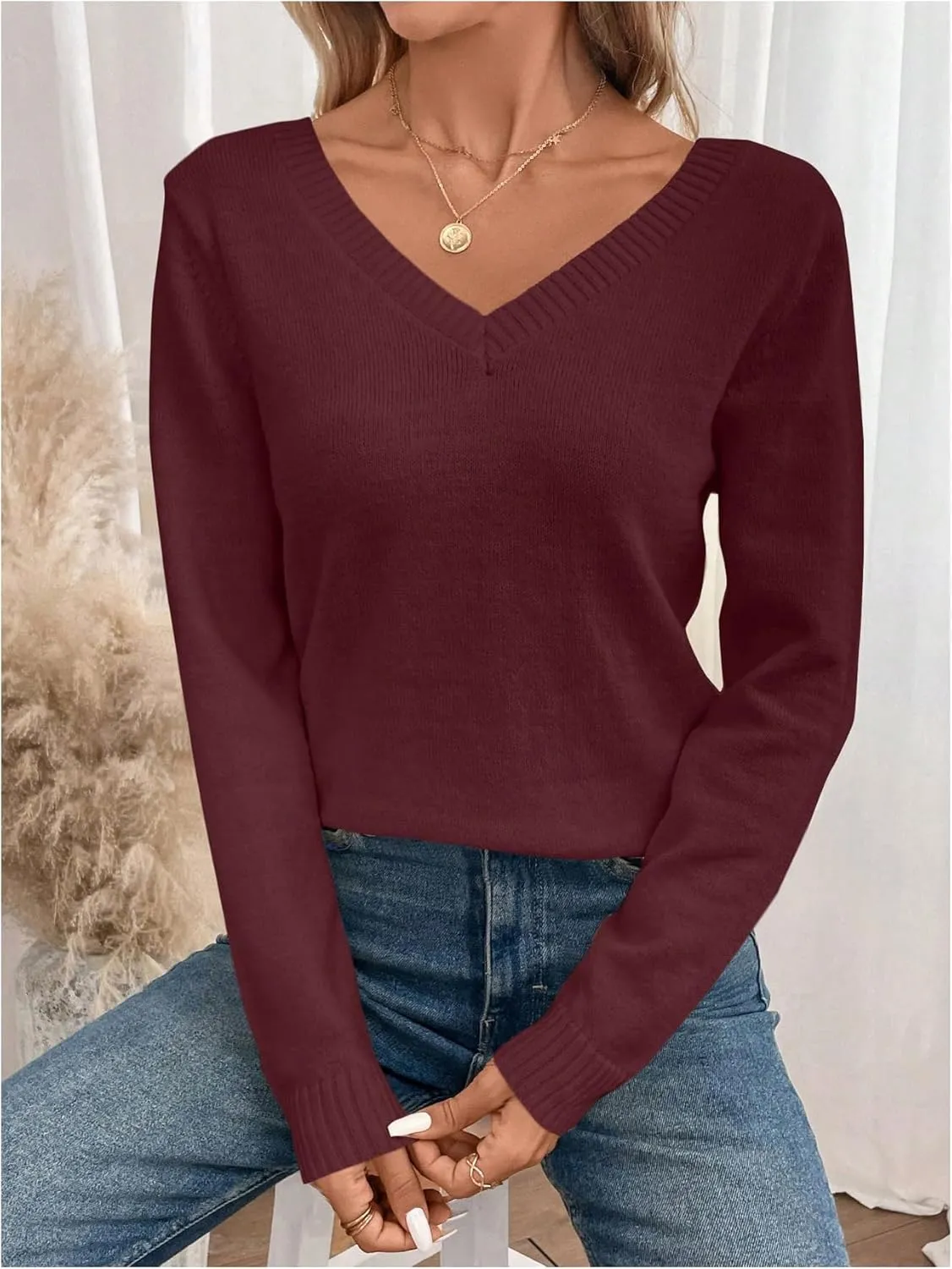 SOLY HUX Women's V Neck Sweaters Lace Back Pullover Sweater Long Sleeve Knit Tops
