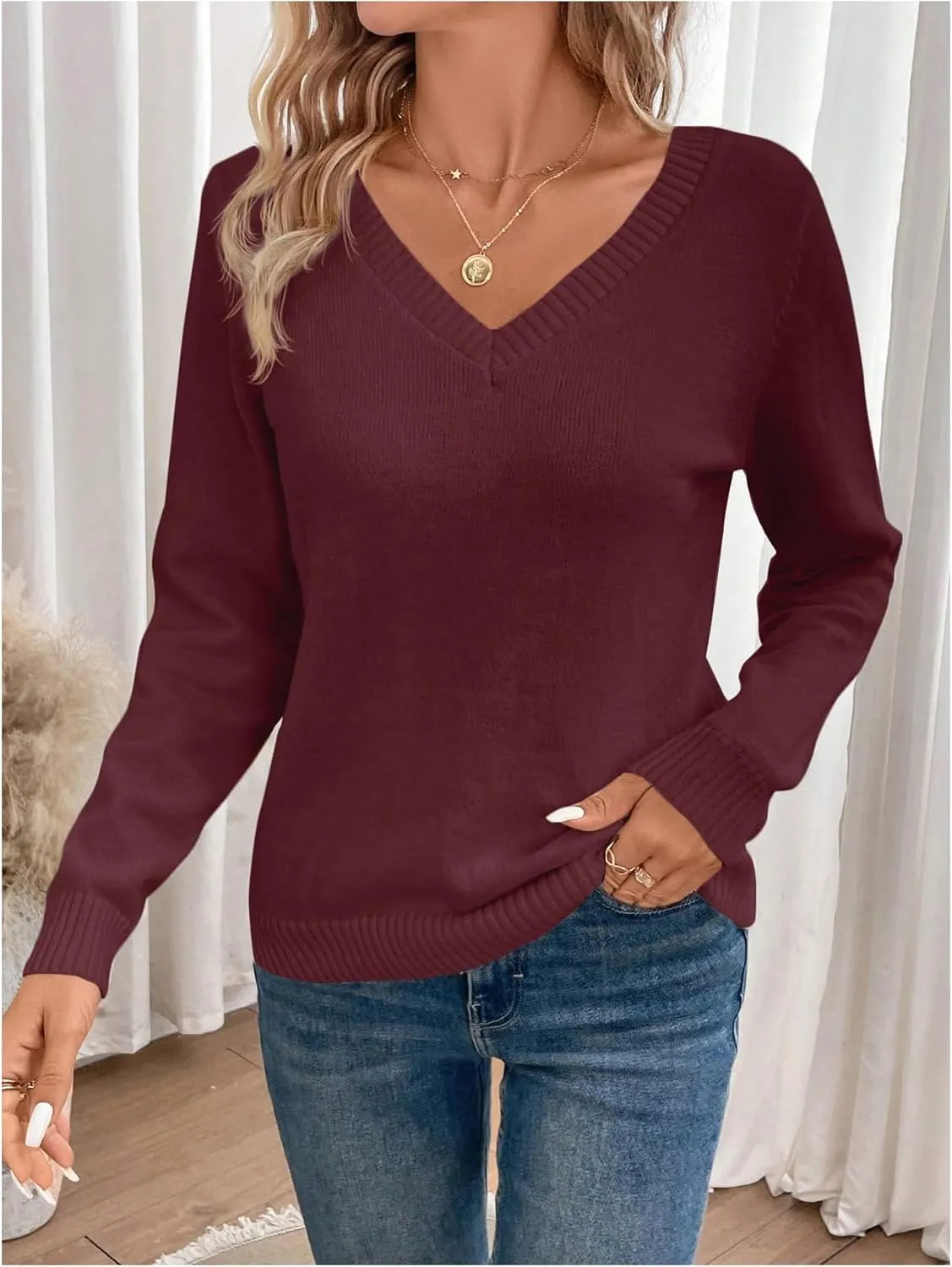 SOLY HUX Women's V Neck Sweaters Lace Back Pullover Sweater Long Sleeve Knit Tops