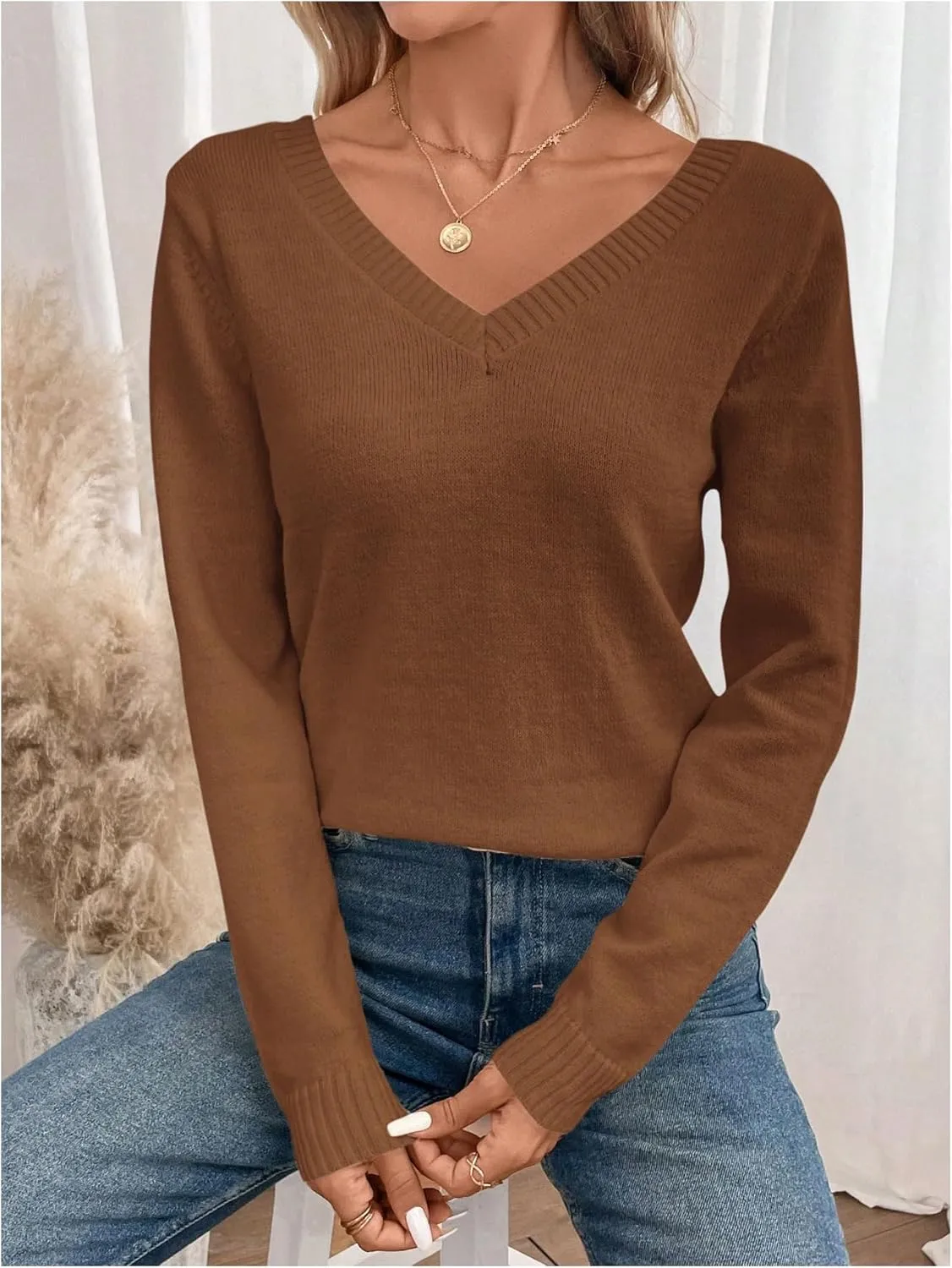 SOLY HUX Women's V Neck Sweaters Lace Back Pullover Sweater Long Sleeve Knit Tops