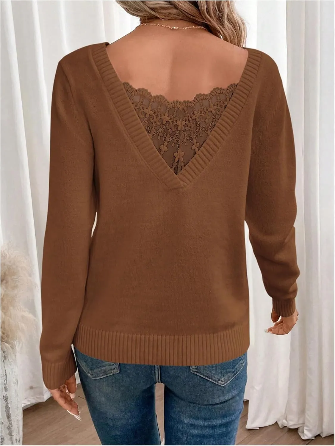 SOLY HUX Women's V Neck Sweaters Lace Back Pullover Sweater Long Sleeve Knit Tops