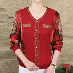Spring and Autumn Women's Pullover V-neck Printed Panel with Diamonds Loose Fit Long Sleeve Bottom T-shirt - S5065251