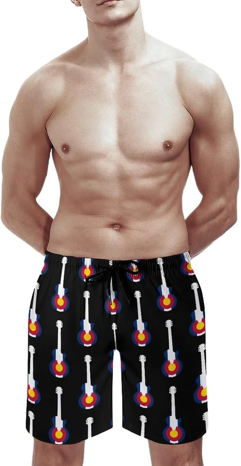 State Flag of Colorado Music Guitar Men's Swim Trunks Quick Dry Board Shorts Breathable Summer Beach Shorts Bathing Suits
