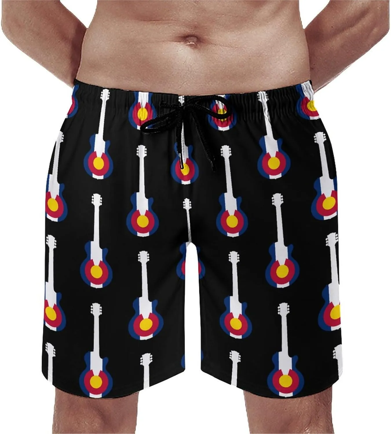 State Flag of Colorado Music Guitar Men's Swim Trunks Quick Dry Board Shorts Breathable Summer Beach Shorts Bathing Suits