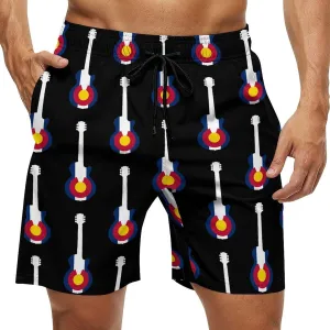 State Flag of Colorado Music Guitar Men's Swim Trunks Quick Dry Board Shorts Breathable Summer Beach Shorts Bathing Suits