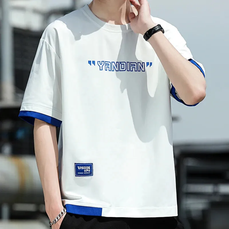 Stylish Short Sleeve T-shirts Korean Letter Printed Men's Clothing Contrasting Colors Spliced Summer Casual Round Neck Pullovers