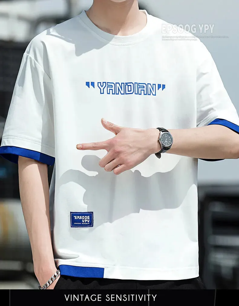 Stylish Short Sleeve T-shirts Korean Letter Printed Men's Clothing Contrasting Colors Spliced Summer Casual Round Neck Pullovers