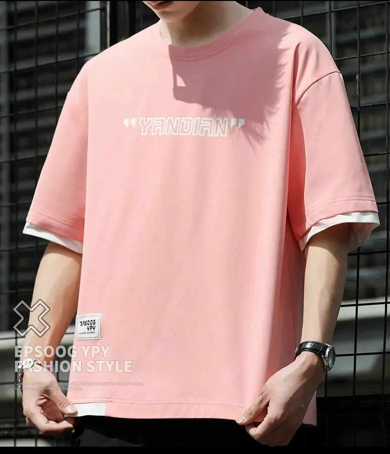 Stylish Short Sleeve T-shirts Korean Letter Printed Men's Clothing Contrasting Colors Spliced Summer Casual Round Neck Pullovers