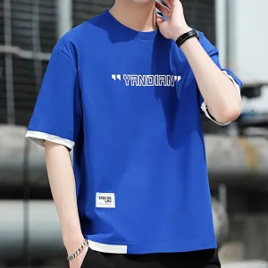 Stylish Short Sleeve T-shirts Korean Letter Printed Men's Clothing Contrasting Colors Spliced Summer Casual Round Neck Pullovers