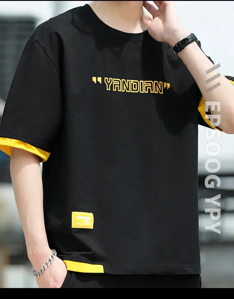 Stylish Short Sleeve T-shirts Korean Letter Printed Men's Clothing Contrasting Colors Spliced Summer Casual Round Neck Pullovers