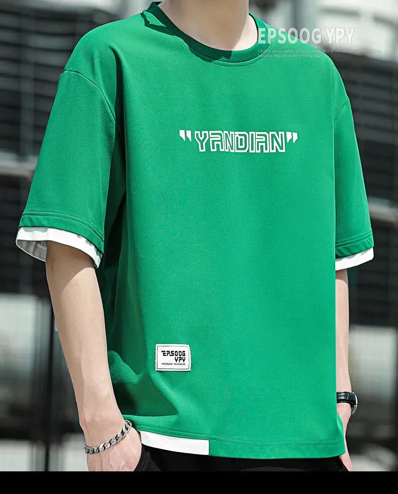 Stylish Short Sleeve T-shirts Korean Letter Printed Men's Clothing Contrasting Colors Spliced Summer Casual Round Neck Pullovers