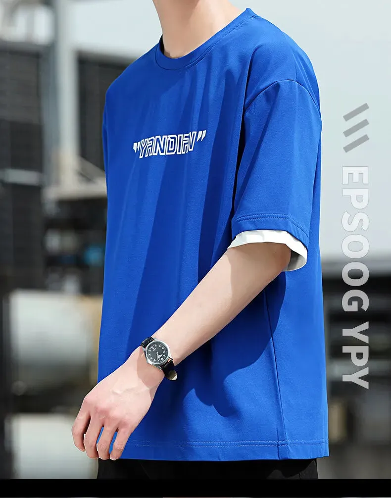 Stylish Short Sleeve T-shirts Korean Letter Printed Men's Clothing Contrasting Colors Spliced Summer Casual Round Neck Pullovers
