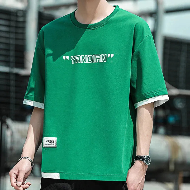 Stylish Short Sleeve T-shirts Korean Letter Printed Men's Clothing Contrasting Colors Spliced Summer Casual Round Neck Pullovers