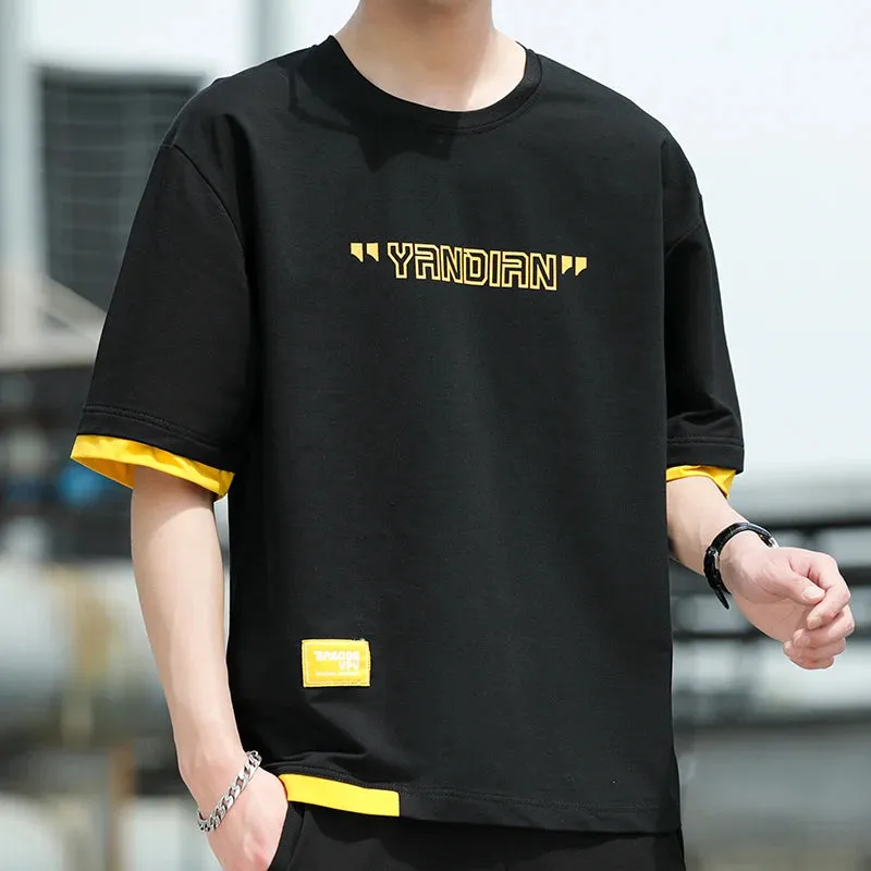 Stylish Short Sleeve T-shirts Korean Letter Printed Men's Clothing Contrasting Colors Spliced Summer Casual Round Neck Pullovers