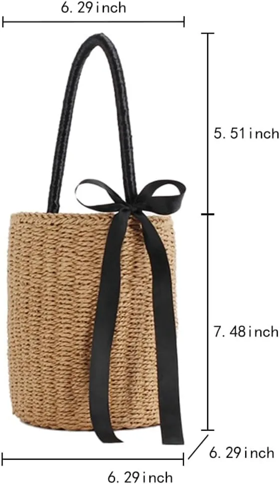 Summer Straw Bucket Bag for Beach Travel Womens Bowknot Woven Top Handle Handbag Fashionable Purse 2025