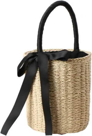 Summer Straw Bucket Bag for Beach Travel Womens Bowknot Woven Top Handle Handbag Fashionable Purse 2025