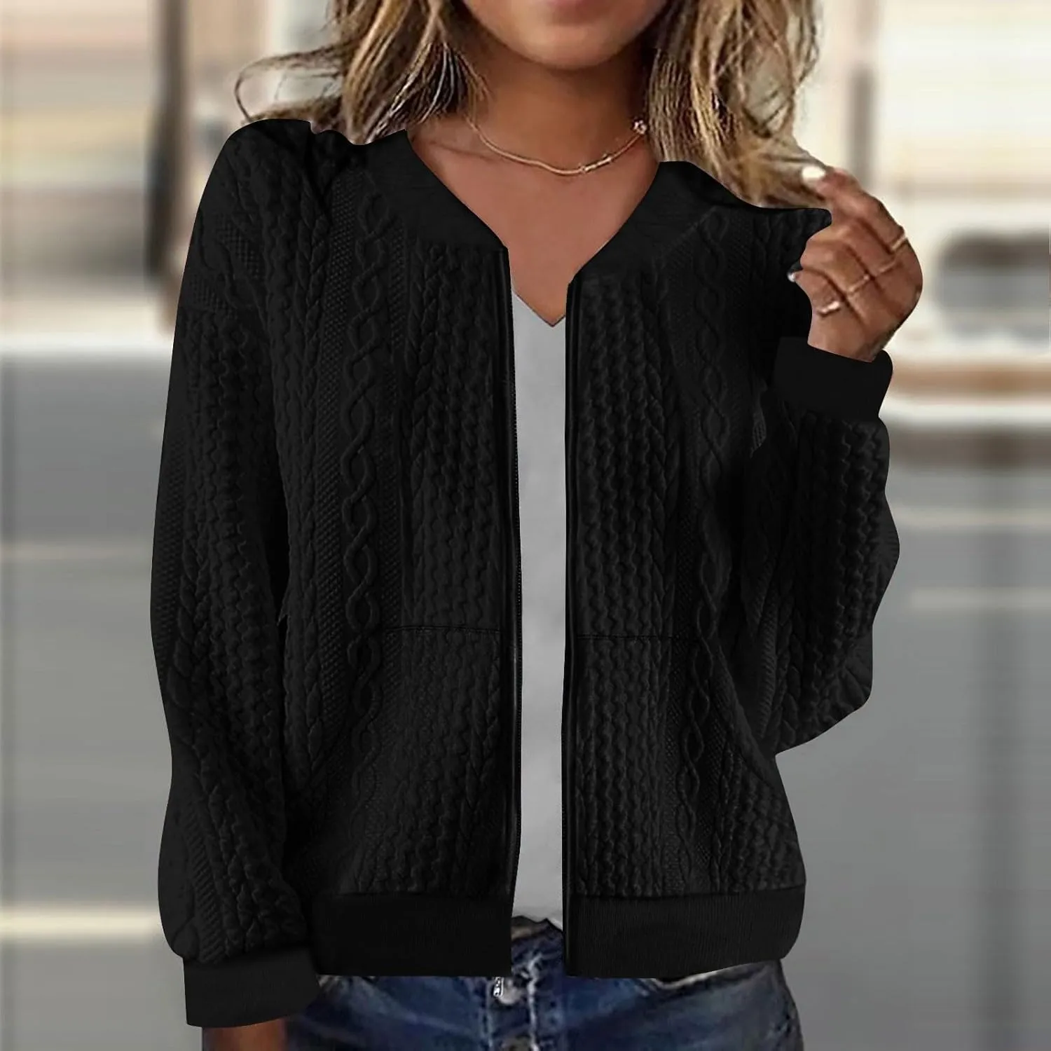 TANGNADE Women's Oversized Zip Up Sweatshirts Sweater Fall Outfits Casual Loose Knit Jackets with Pocket Cardigan Blouse
