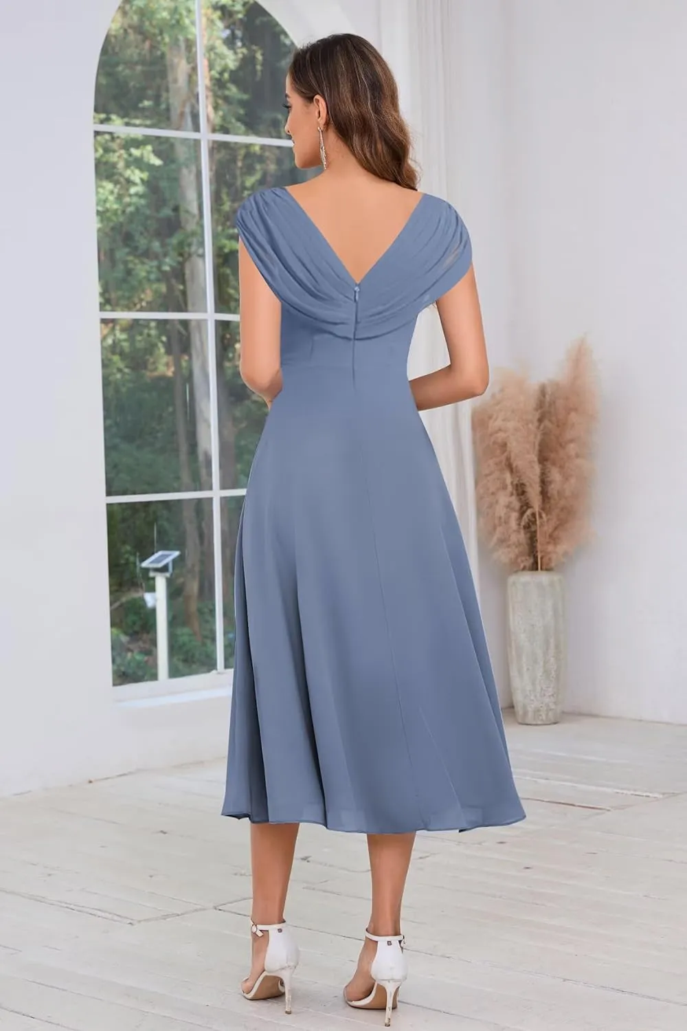 Tea Length Mother of The Bride Dresses for Women A Line V Neck Pleated Chiffon Formal Party Dress