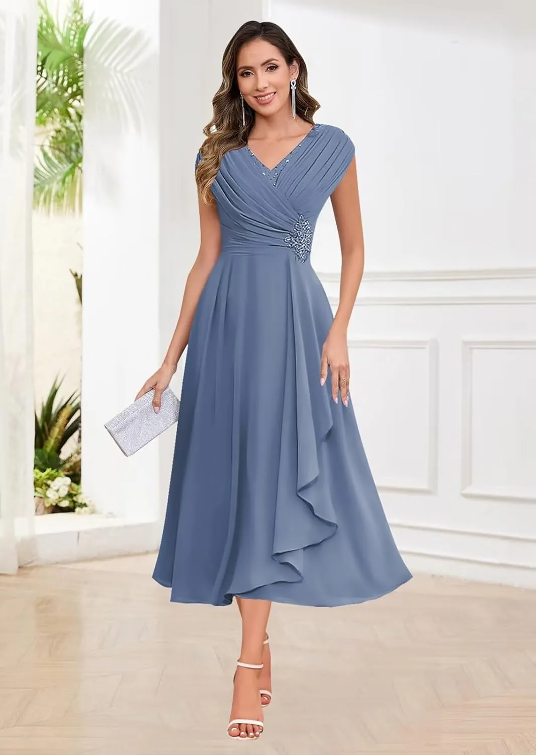 Tea Length Mother of The Bride Dresses for Women A Line V Neck Pleated Chiffon Formal Party Dress