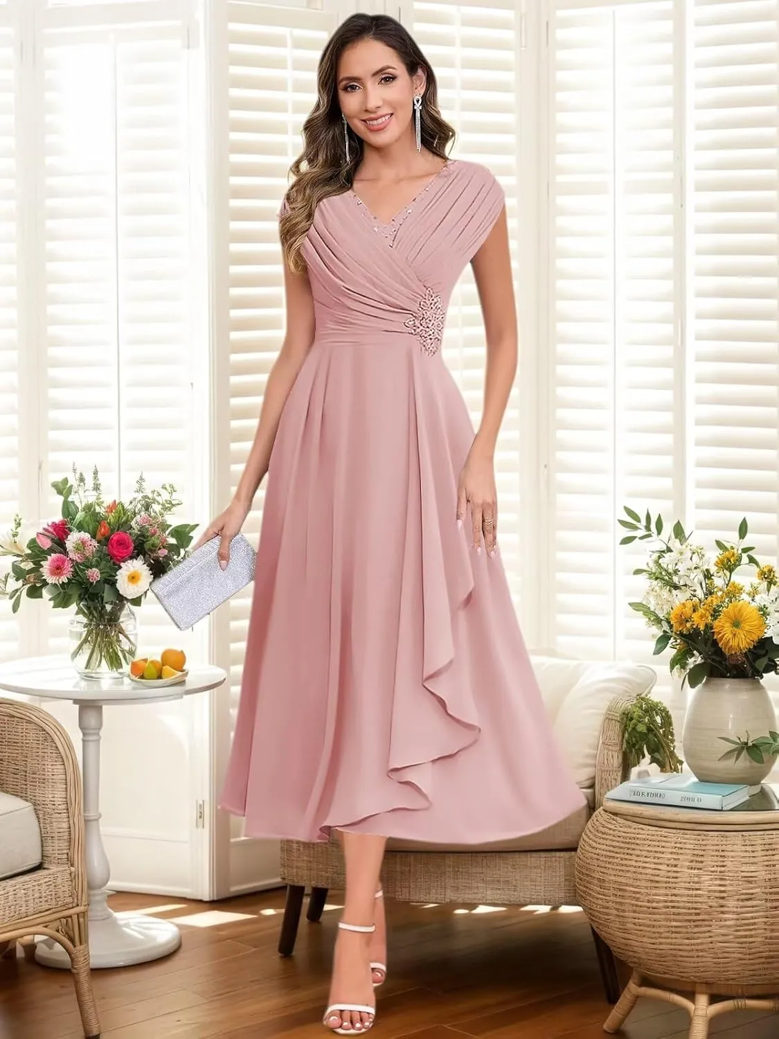 Tea Length Mother of The Bride Dresses for Women A Line V Neck Pleated Chiffon Formal Party Dress