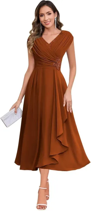 Tea Length Mother of The Bride Dresses for Women A Line V Neck Pleated Chiffon Formal Party Dress