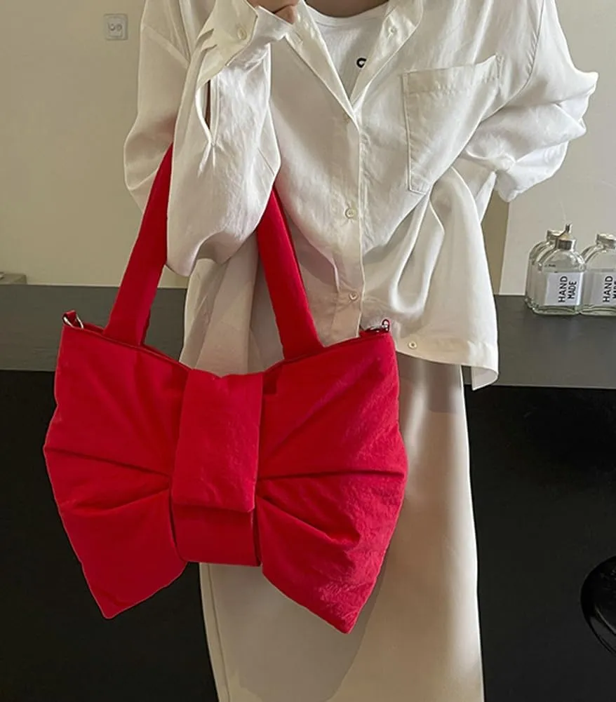 Trendy Bow-tie Shoulder Bag for Women Fashionable Purse Adjustable Hobo Crossbody Bag Nylon Adjustable Shopping Handbag