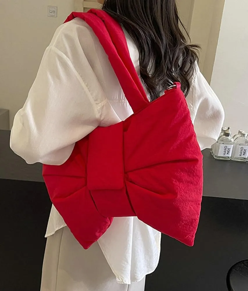 Trendy Bow-tie Shoulder Bag for Women Fashionable Purse Adjustable Hobo Crossbody Bag Nylon Adjustable Shopping Handbag