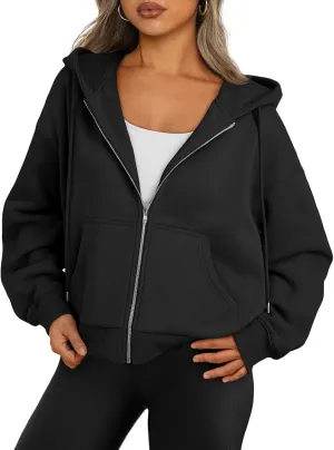 Trendy Queen Zip Up Hoodies For Women Cropped Sweatshirts Fall Fashion Outfits 2025 Y2k Fleece Teen Girls Clothes