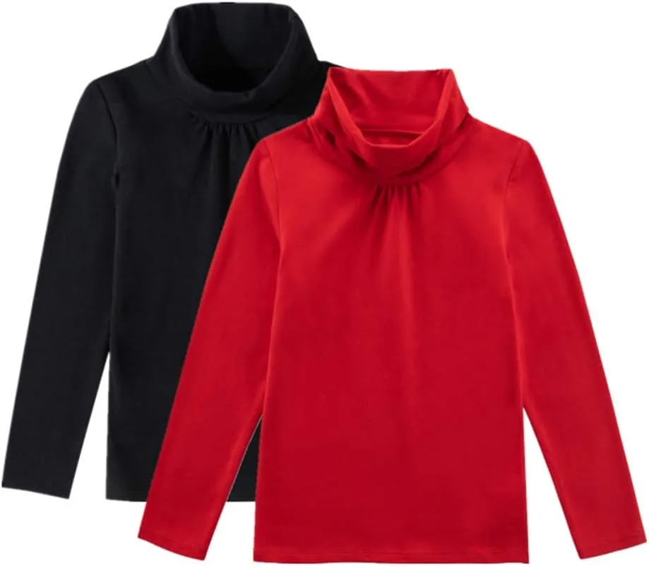 UNACOO Kids One or 2-Pack or 3-Pack Cotton with Spandex Long Sleeve Turtleneck T-Shirt for Girls (Age 2-11 Years)