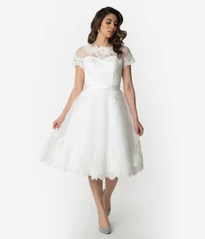 Unique Vintage 1950s White Lace Short Sleeve Cannes Bridal Dress