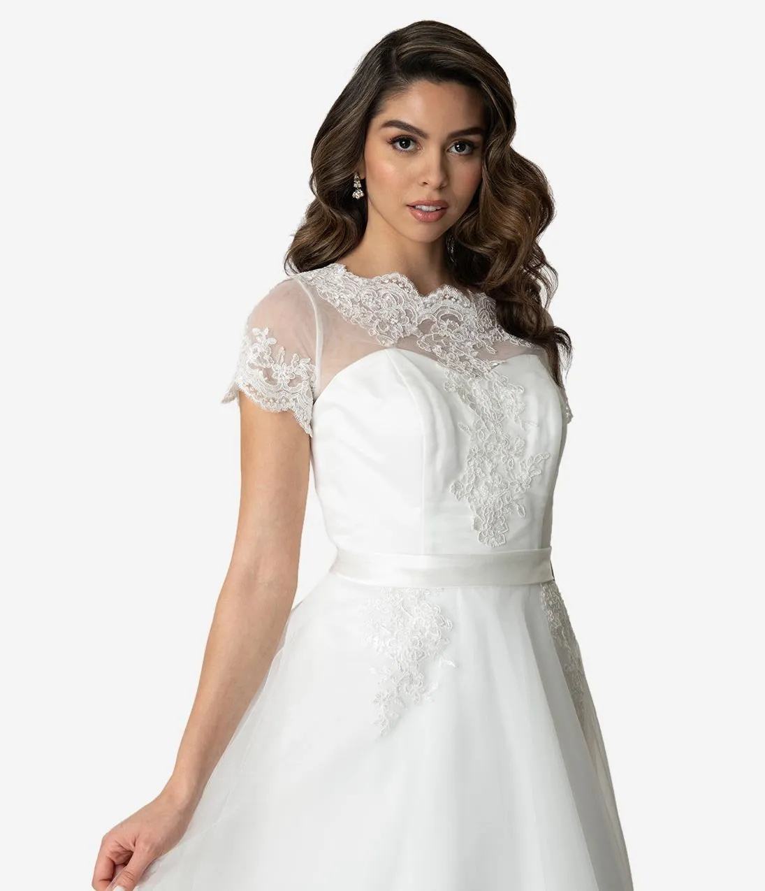 Unique Vintage 1950s White Lace Short Sleeve Cannes Bridal Dress