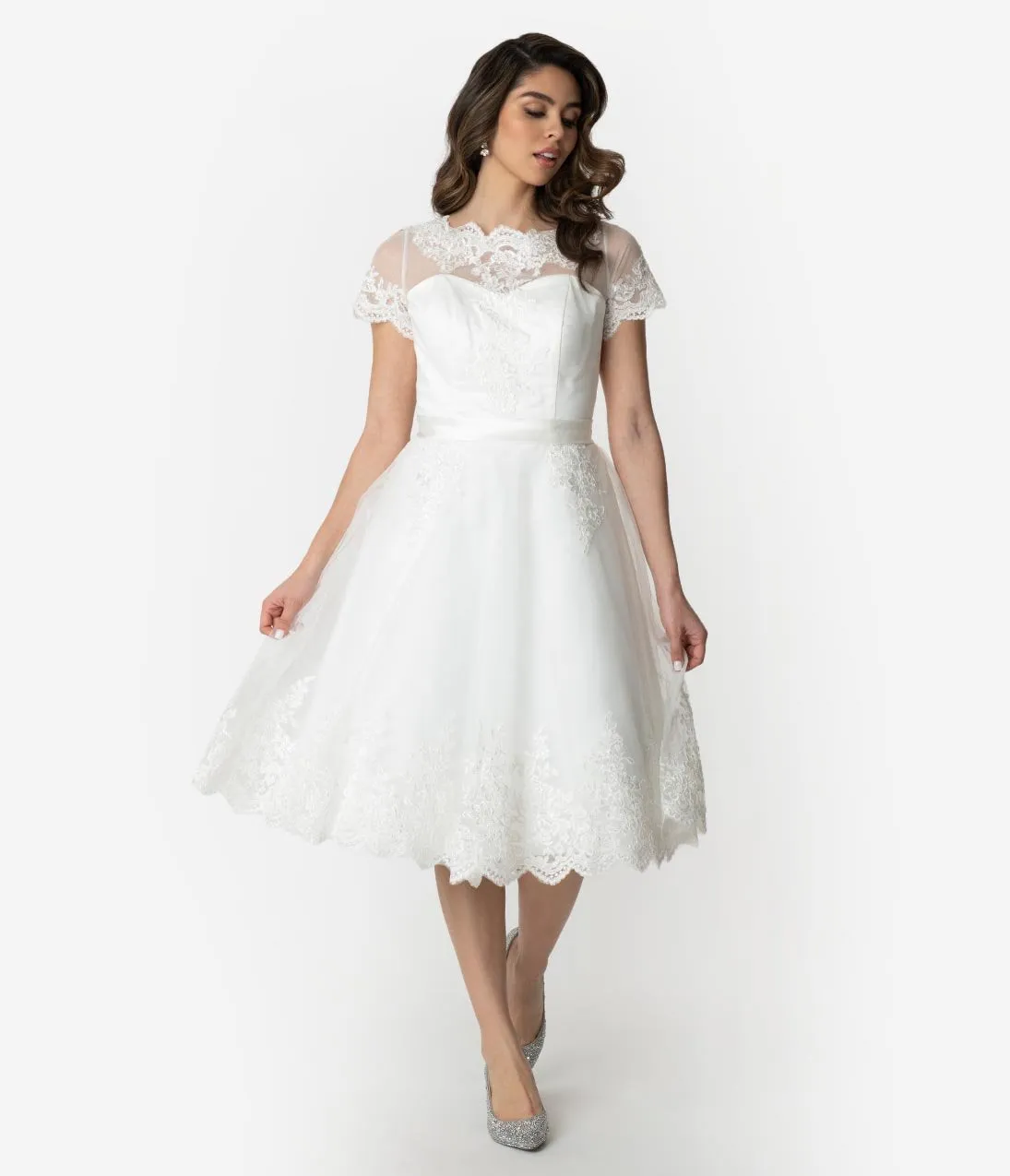 Unique Vintage 1950s White Lace Short Sleeve Cannes Bridal Dress