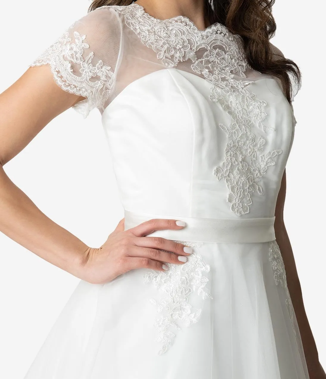 Unique Vintage 1950s White Lace Short Sleeve Cannes Bridal Dress