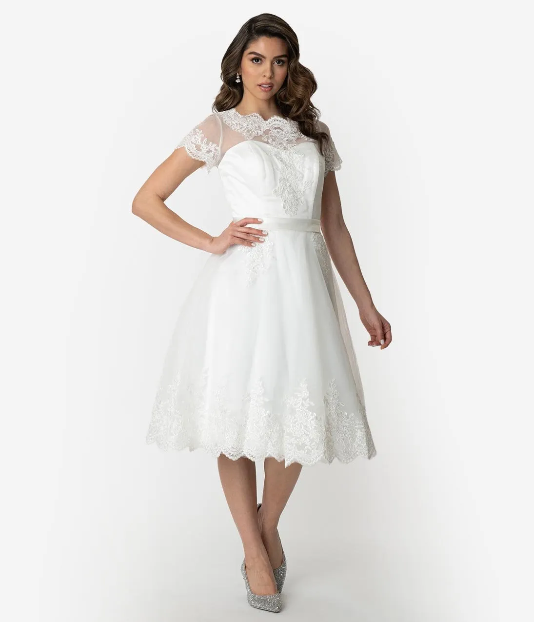 Unique Vintage 1950s White Lace Short Sleeve Cannes Bridal Dress