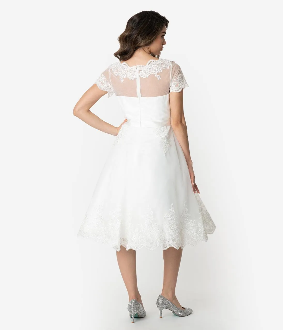Unique Vintage 1950s White Lace Short Sleeve Cannes Bridal Dress