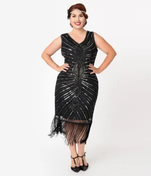 Unique Vintage Plus Size Black & Silver Sequin Dacquoise Cocktail Flapper Dress