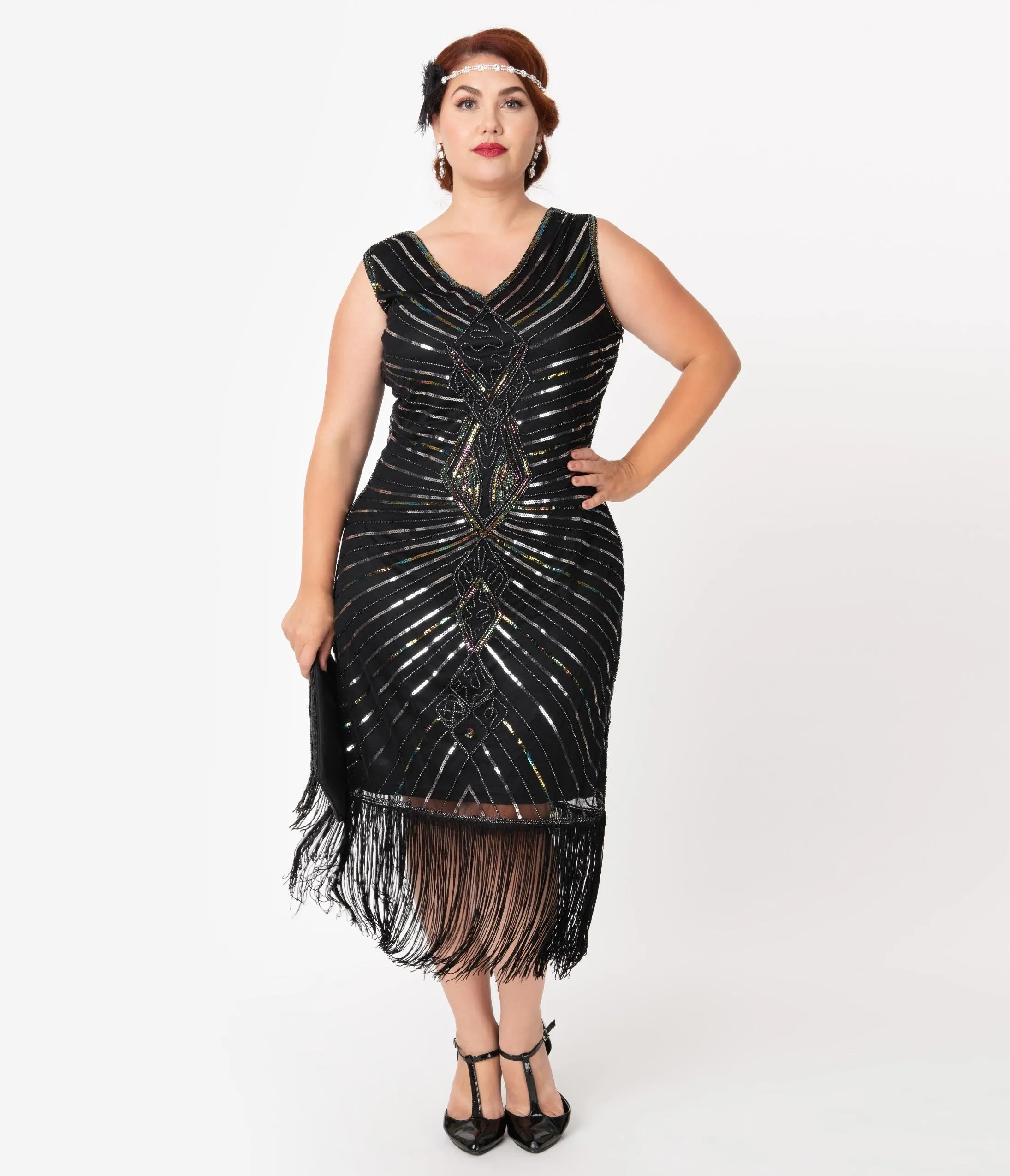 Unique Vintage Plus Size Black & Silver Sequin Dacquoise Cocktail Flapper Dress