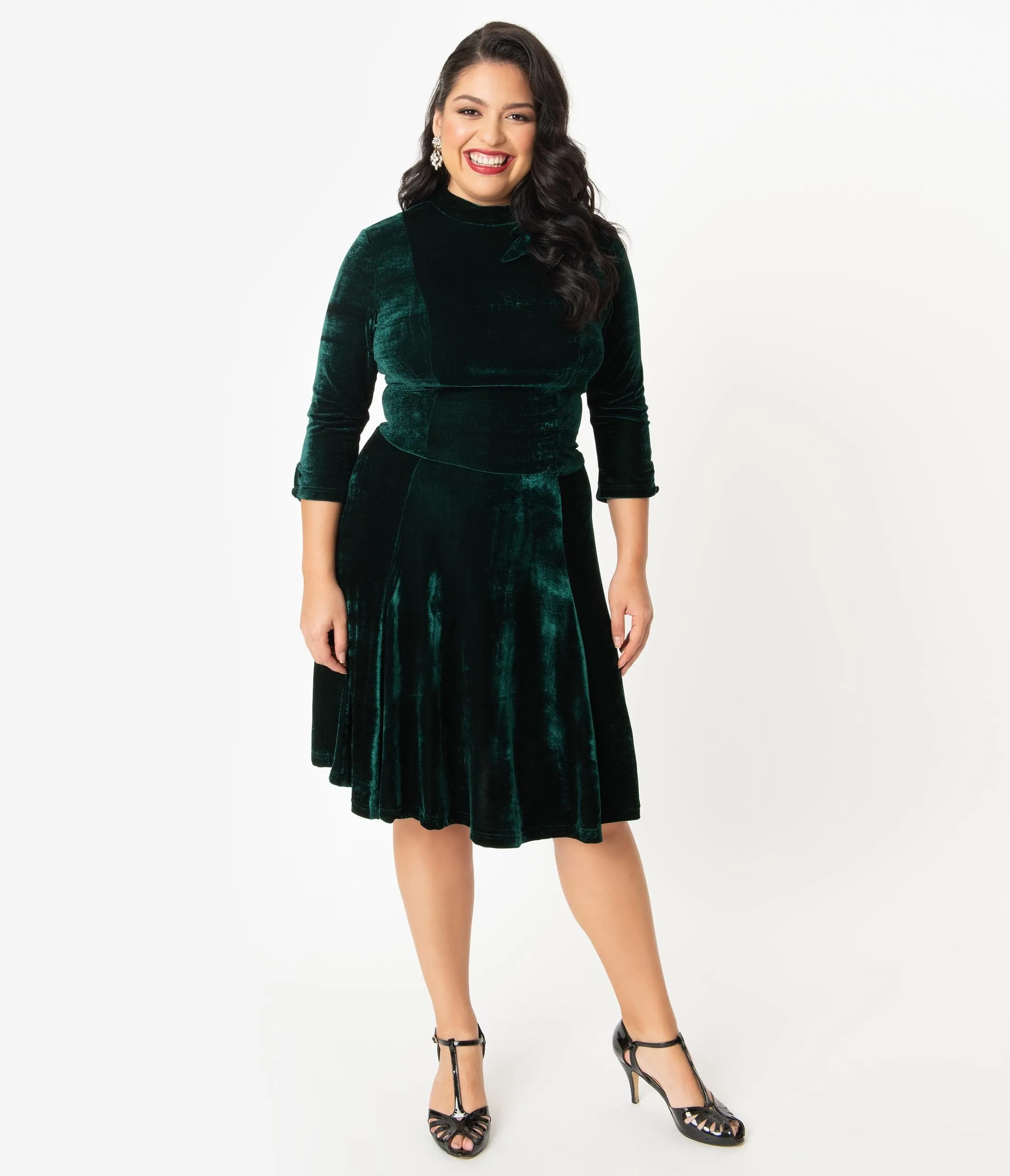 Unique Vintage Plus Size Emerald Velvet Three-Quarter Sleeved Parker Flare Dress